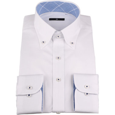 【WEB限定/OUTLET】【BL】【形態安定】ボタンダウンドレスワイシャツ/ホワイト×ドビー/襟袖裏別布：チェック/釦付糸：ネイビー/Oil guard