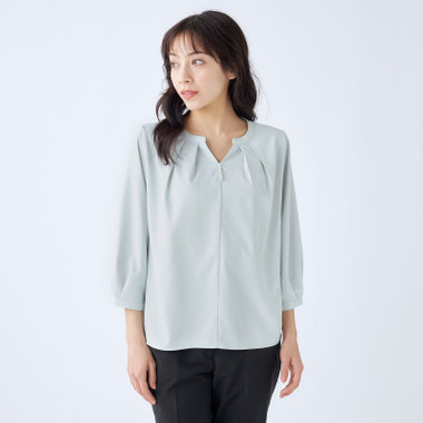 【SILVER LINE/7分袖】パール釦付きキーネックプルオーバー/ミント/「ウォッシャブル可能」「2WAYストレッチ」「防シワ」「UV加工」「接触冷感」「透け軽減」