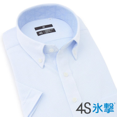 【BLACK LINE/半袖】ボタンダウンワイシャツ/サックス×ドビー/襟裏別布/「氷撃」冷感PRINT「4S」スーパーノンアイロン・ストレッチ