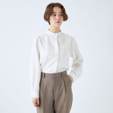 【WEB限定/OUTLET/汚れ・キズ等有】【SL/長袖】バンドカラーブラウス/ホワイト/比翼仕様