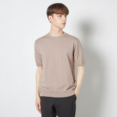 【RBC】【5分袖】コットンブレンドクルーネックニット/ブラウン/「マシンウォッシャブル」「UVカット」「接触冷感」