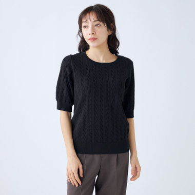 【SILVER LINE/５分袖】ケーブル編みクルーネックニット/ブラック