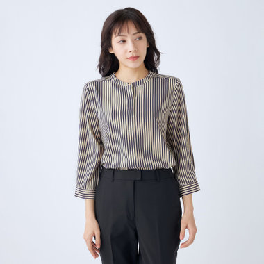 【WEB限定/OUTLET/汚れ・キズ等有】【SILVER LINE/7分袖】バンドカラープルオーバー/ベージュ×ネイビー/「ウォッシャブル可能」「2WAYストレッチ」「防シワ」「UV加工」「接触冷感」