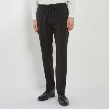 【発送在庫あり】【BLACK LINE】【春夏】0タックテーパードパンツ/ブラック/ドローコード/ウエストシャーリング/※裾上げ済仕様