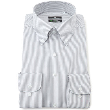 【発送在庫あり】【BLACK LINE】ボタンダウンワイシャツ/ホワイト＆グレー×ストライプ/「4S COTTON」スーパーノンアイロン・ストレッチ