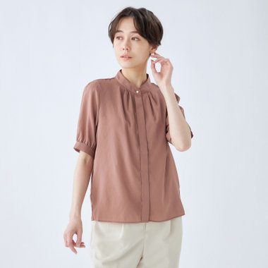 【SL/半袖】バンドカラーブラウス/ブラウン/ストレッチ/通気性/吸水・速乾