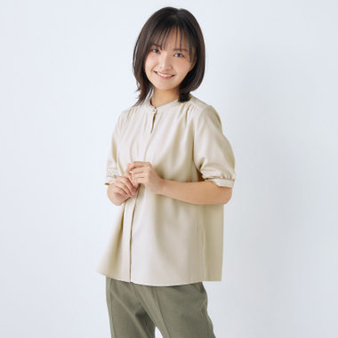 【SILVER LINE/5分袖】配色切り替えバンドカラープルオーバー/ベージュ