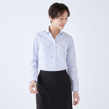 【SUIT SELECT×Samantha Thavasa】【長袖】リボン&フリル取り外しスキッパー/ブルー×ドビーストライプ