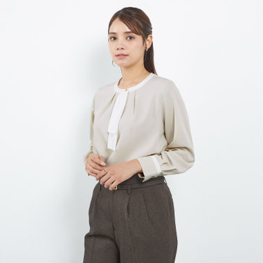 【SL/長袖】ボウタイライクプルオーバー/ベージュ+ホワイト/「ウォッシャブル」「ストレッチ」「防シワ」「UV加工」「静電気防止」