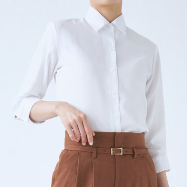 【WEB限定/OUTLET/汚れ・キズ等有】【SL/七分袖】レギュラーワンピースカラーブラウス/ホワイト×ドビーツイル/TOUGH BUTTON・NON IRON
