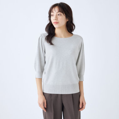 ぽまいよ　枠 SILVER LINE/5分袖】ラメ天竺編みボートネックニット/グレー×ホワイト