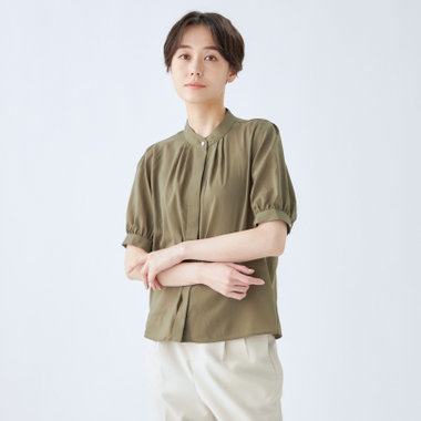 【SL/半袖】バンドカラーブラウス/カーキ/ストレッチ/通気性/吸水・速乾