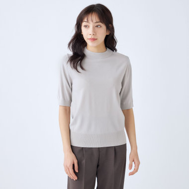 【SILVER LINE/５分袖】 天竺編みモックネックニット/グレー