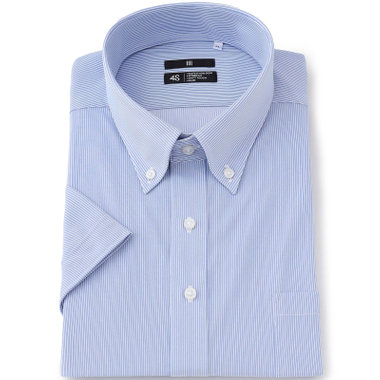 【発送在庫あり】【BLACK LINE/半袖】ボタンダウンワイシャツ/ブルー×ホワイトストライプ/「4S」スーパーノンアイロン・ストレッチ