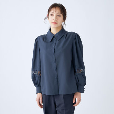 【Lady Like BLOUSE】【長袖】袖レース切替えブラウス/ダークネイビー