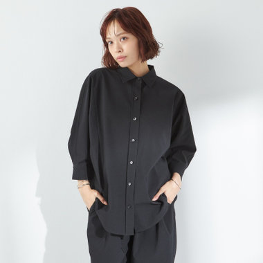 ドゥーズィエムクラス　半袖スウェット ジャージ素材　リブ　黒　洗える BL/七分袖】【春夏】ドルマンスリーブシャツ/ブラック