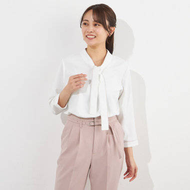 【SILVER LINE/7分袖】配色ボウタイプルオーバー/ホワイト+ベージュ/「ウォッシャブル」「ストレッチ」「防シワ」「UV加工」「静電気防止」