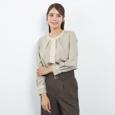 【SL/長袖】ボウタイライクプルオーバー/グリーン+ホワイト/「ウォッシャブル」「ストレッチ」「防シワ」「UV加工」「静電気防止」