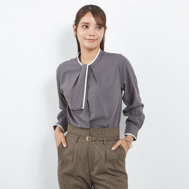 【SL/長袖】ボウタイ取り外し2WAYプルオーバー/グレー＋ホワイト/「ウォッシャブル」「ストレッチ」「防シワ」「UV加工」「静電気防止」