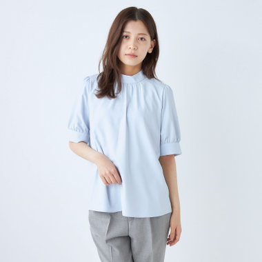 【SILVER LINE/5分袖】パフスリーブスタンドカラープルオーバー/ブルー