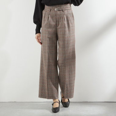 【SILVER LINE】【秋冬】共生地ベルト付きワイドパンツ/ブラウン×チェック/裾上げ済仕様