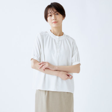 【SILVER LINE/5分袖】2WAYパール釦付きプルオーバー/ホワイト