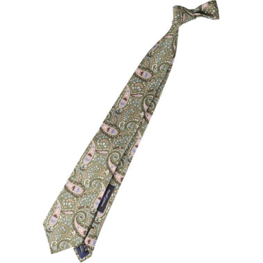 【発送在庫あり】【SL】コットンシルクペイズリーネクタイ 8.5cm幅/グリーン×ベージュ/Finest fabrics by COMO ITALY