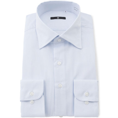 【BLACK LINE】【形態安定】ワイドカラードレスワイシャツ/サックス×ドビーストライプ