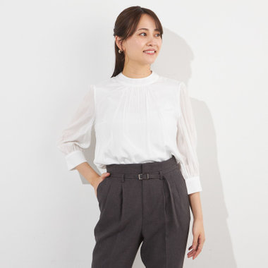 【SILVER LINE/7分袖】ギャザーハイネックプルオーバー/ホワイト/「ウォッシャブル」「ストレッチ」「防シワ」「UV加工」「静電気防止」