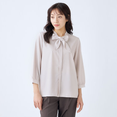 【SILVER LINE/7分袖】配色メロウボウタイプルオーバー/ベージュ/「ウォッシャブル可能」「2WAYストレッチ」「防シワ」「UV加工」「接触冷感」