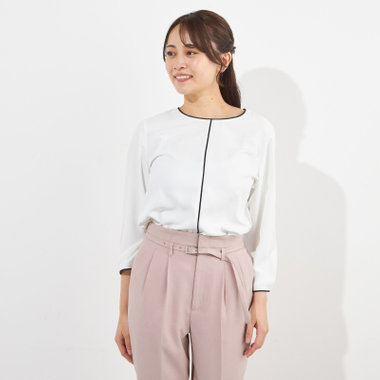 【SILVER LINE/7分袖】配色クルーネックプルオーバー/ホワイト＋ブラック/「ウォッシャブル」「ストレッチ」「防シワ」「UV加工」「静電気防止」