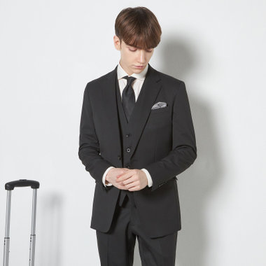 【SLIM TAPERED_2】【年間】2釦シングルスリーピーススーツ 0タック/ブラック/ウエストシャーリング/4S SUSTAINABILITY&ECOLOGY FABRIC/※パンツ裾上げ済仕様