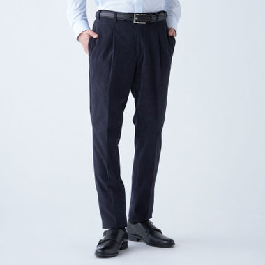 【CLASSICO TAPERED】【秋冬】ポリエステル1タックテーパードパンツ/ネイビー×コーデュロイ/シャーリング仕様/4S SUSTAINABLE/※裾上げ必要