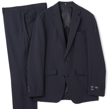 【SLIM TAPERED_2】【春夏】2釦シングルスーツ 0タック/ネイビー×ヘアラインストライプ/ウエストシャーリング/4S SUSTAINABILITY&ECOLOGY FABRIC/ウォッシャブル/※パンツ裾上げ済仕様