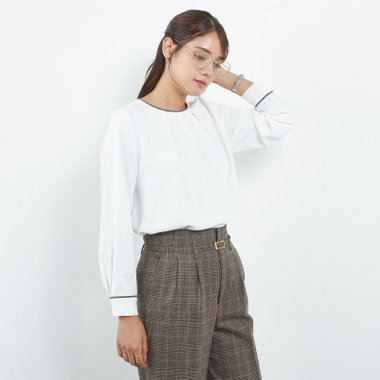 【SL/長袖】ランダムタックプルオーバー/ホワイト+ブラック/「ウォッシャブル」「ストレッチ」「防シワ」「UV加工」「静電気防止」