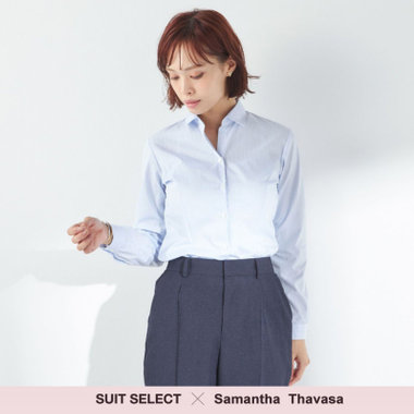 【SUIT SELECT×Samantha Thavasa】【長袖】リボン&フリル取り外しスキッパー/ブルー×ドビーストライプ/形態安定