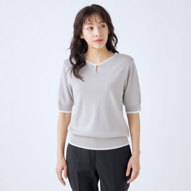 SILVER LINE/5分袖】総針バイカラーVネックニット/グレー×ホワイト