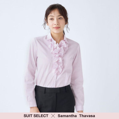 【SUIT SELECT×Samantha Thavasa】【長袖】リボン&フリル取り外しスキッパー/ピンク×ドビーストライプ