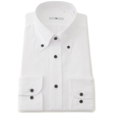  【SILVER LINE】【形態安定】ボタンダウンカラーワイシャツ/ホワイト×ドビー/釦：ブラック