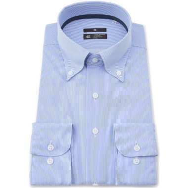 【発送在庫あり】【WEB限定】【BLACK LINE】ボタンダウンワイシャツ/ブルー×ホワイトストライプ/「4S」スーパーノンアイロン・ストレッチ