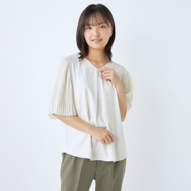 【SILVER LINE/5分袖】プリーツフレアスリーブプルオーバー/ライムイエロー