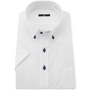 【WEB限定/OUTLET/汚れ・キズ等有】【BL-3/半袖】【形態安定】ボタンダウンドレスワイシャツ/ホワイト×ドビーツイル/釦・釦付糸：ネイビー