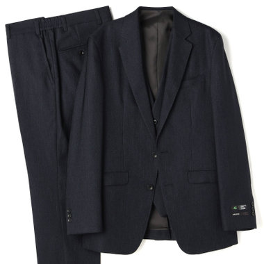 【SLIM TAPERED】【年間】 2釦シングルスリーピーススーツ 0タック/ ダークネイビー×デジタルデニム  /ウエストシャーリング/ 4S TAKE OUT SUITS / ※パンツ裾上げ済仕様