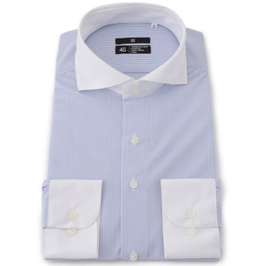 【BLACK LINE】クレリックホリゾンタルワイドスナップダウンワイシャツ/襟袖口：ホワイト+ホワイト×ブルーストライプ/「4S」スーパーノンアイロン・ストレッチ