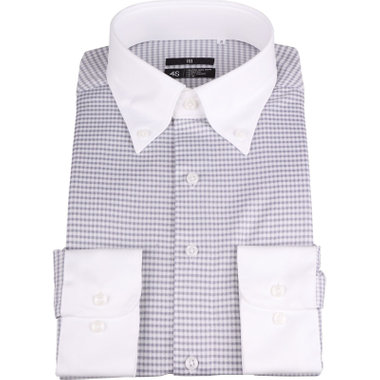 【発送在庫あり】【BL】クレリックボタンダウンカラーワイシャツ/襟袖口：ホワイト+グレー＆ホワイト×チェック/「4S」スーパーノンアイロン・ストレッチ