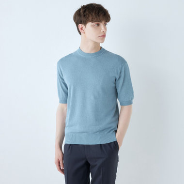 【WEB限定/OUTLET/汚れ・キズ等有】【RBC】【半袖】和紙コットンブレンドクルーネックニットシャツ/ブルー