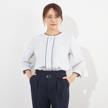 【SILVER LINE/7分袖】配色フロントプリーツプルオーバー/ライトグレー×ブラック/「ウォッシャブル」「ストレッチ」「防シワ」「UV加工」「静電気防止」