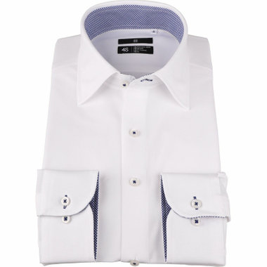 【WEB限定/OUTLET/汚れ・キズ等有】【BL-3】【スーパーノンアイロン】ワイドカラードレスワイシャツ/ホワイト/襟袖裏別布：チェック/釦ホール・釦付糸：ネイビー/SUPER NON IRON 4S