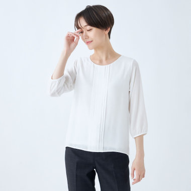 【WEB限定/OUTLET/汚れ・キズ等有】 【SL/7分袖】フロントプリーツクルーネックプルオーバー/ホワイト