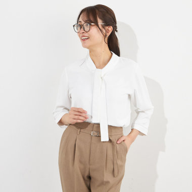 【SILVER LINE/7分袖】配色ボウタイプルオーバー/ホワイト+グレー/「ウォッシャブル」「ストレッチ」「防シワ」「UV加工」「静電気防止」